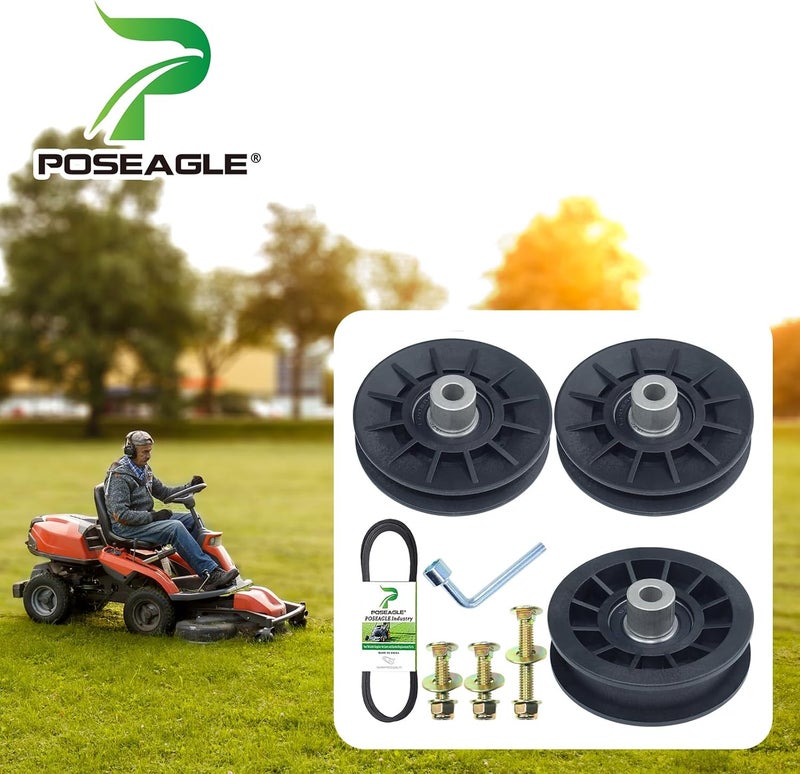 POSEAGLE 2 Pack 532194326 V-Groove Idler Pulley with 532194327 Flat Idler Pulley 532140218 Belt 1/2x84 and Hardware Kit for Husqvarna GTH2448T GTH2454T GTH2648 YTH1848XPT YTH2548XP Lawn Tractors - Image 2